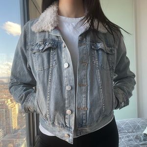 Talula faux sherpa collared light-wash denim jacket